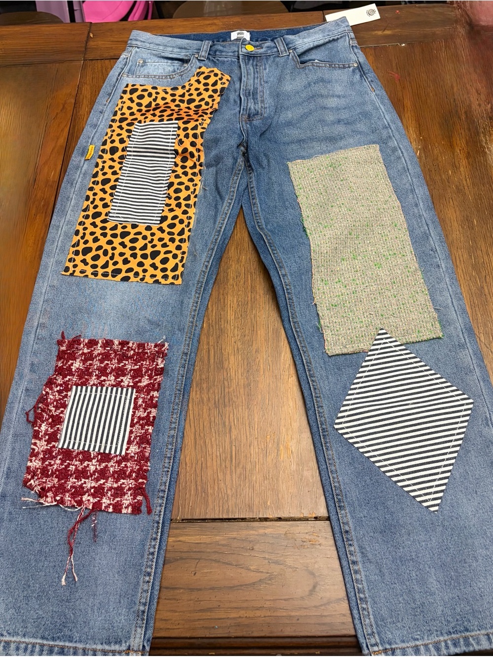 NWT Round Two Patchwork Jeans Size 32 Leopard Striped Y2K Statement Denim